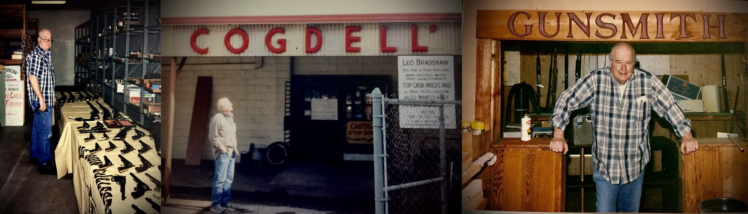 Composite of three photographs: Leo among tables of collectible handguns, Leo outside the Cogdell's storefront, and Leo leaning at the gunsmith counter.